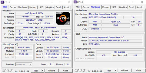 AMD Ryzen 5800X and MSI mainboard specifications